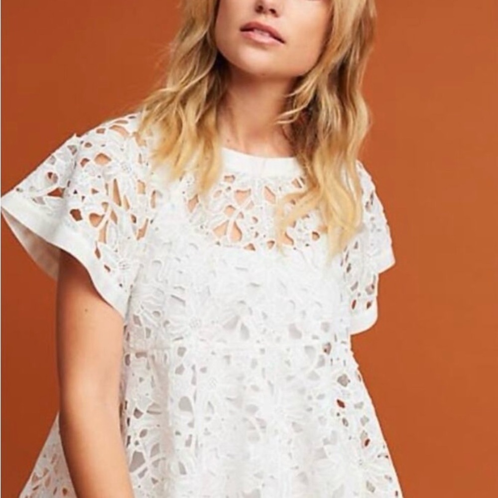 Anthropologie eri + ali White Flutter Sleeve Blouse with Boxy Embellished Design